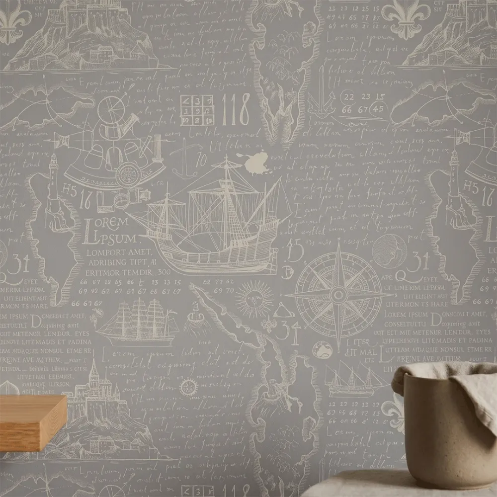 Grey Vintage Nautical Wallpaper | Premium Korean Vinyl Maritime Map Wallpaper