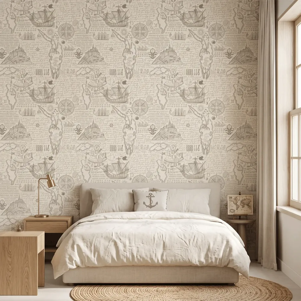 Vintage Maritime Sketch Wallpaper | Premium Korean Vinyl Antique Navigation Wallpaper