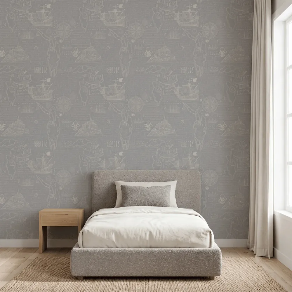 Grey Vintage Nautical Wallpaper | Premium Korean Vinyl Maritime Map Wallpaper
