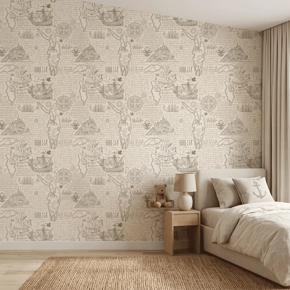 Vintage Maritime Sketch Wallpaper | Premium Korean Vinyl Antique Navigation Wallpaper