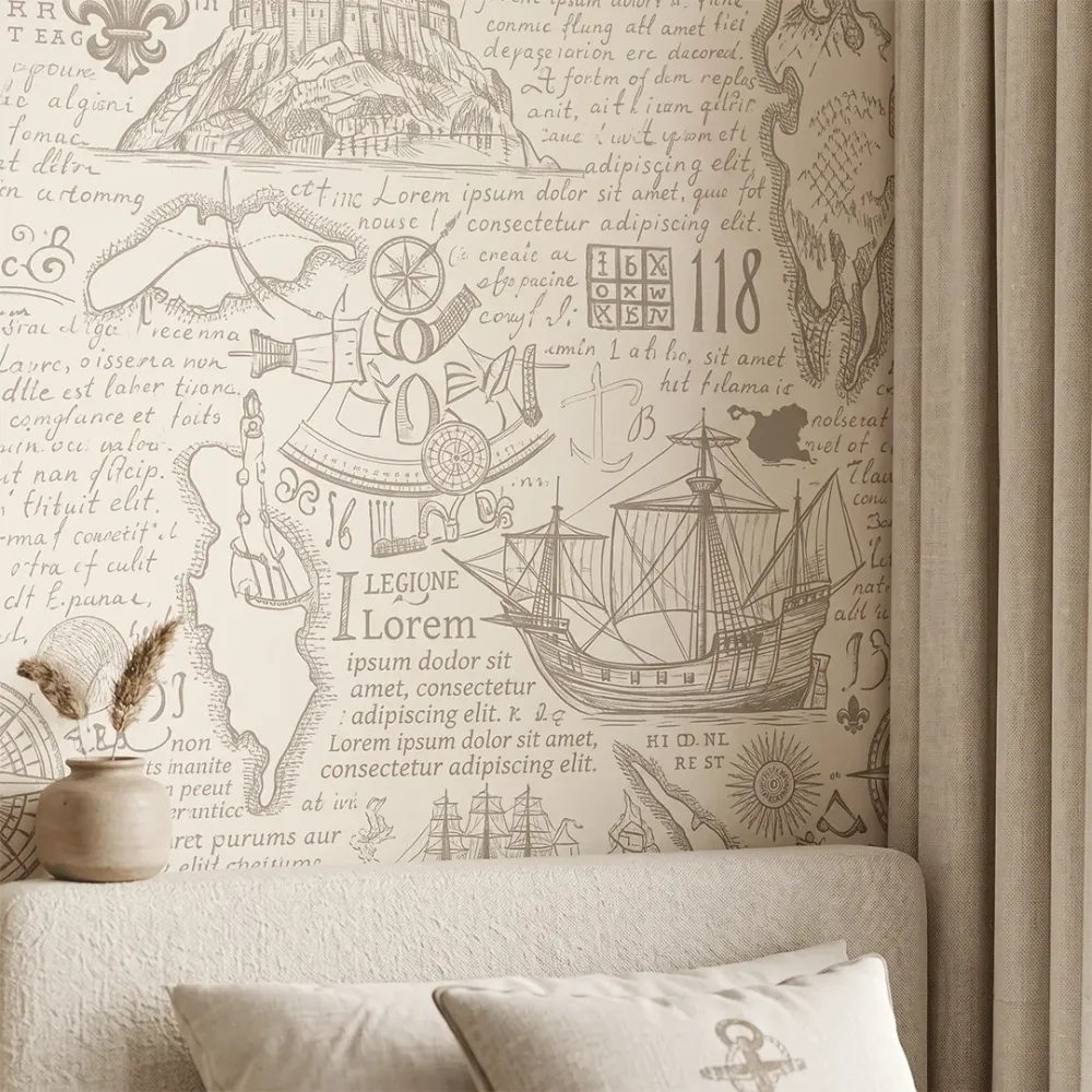 Vintage Maritime Sketch Wallpaper | Premium Korean Vinyl Antique Navigation Wallpaper