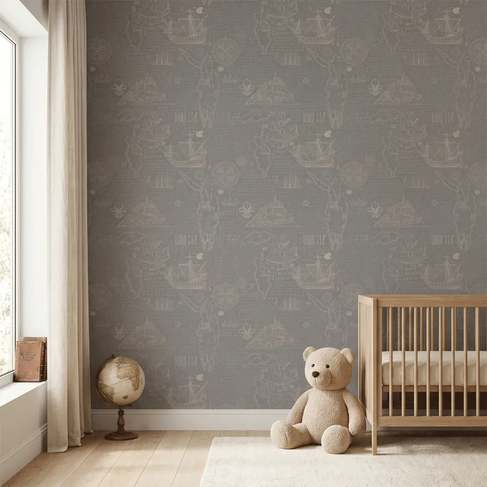 Grey Vintage Nautical Wallpaper | Premium Korean Vinyl Maritime Map Wallpaper