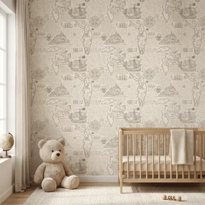 Vintage Maritime Sketch Wallpaper | Premium Korean Vinyl Antique Navigation Wallpaper