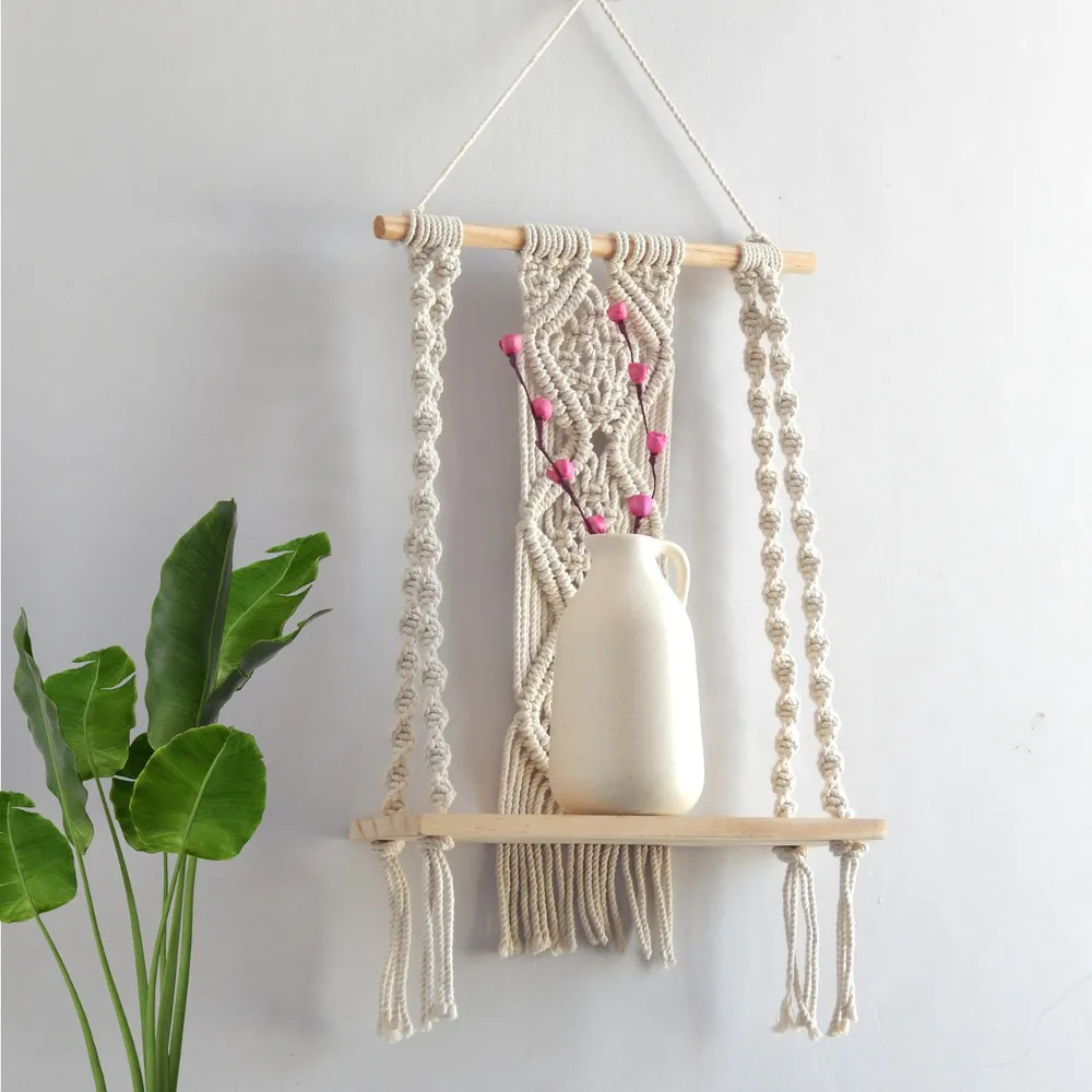 100% Cotton Sturdy Off-white Macrame Wall Hanging Shelf