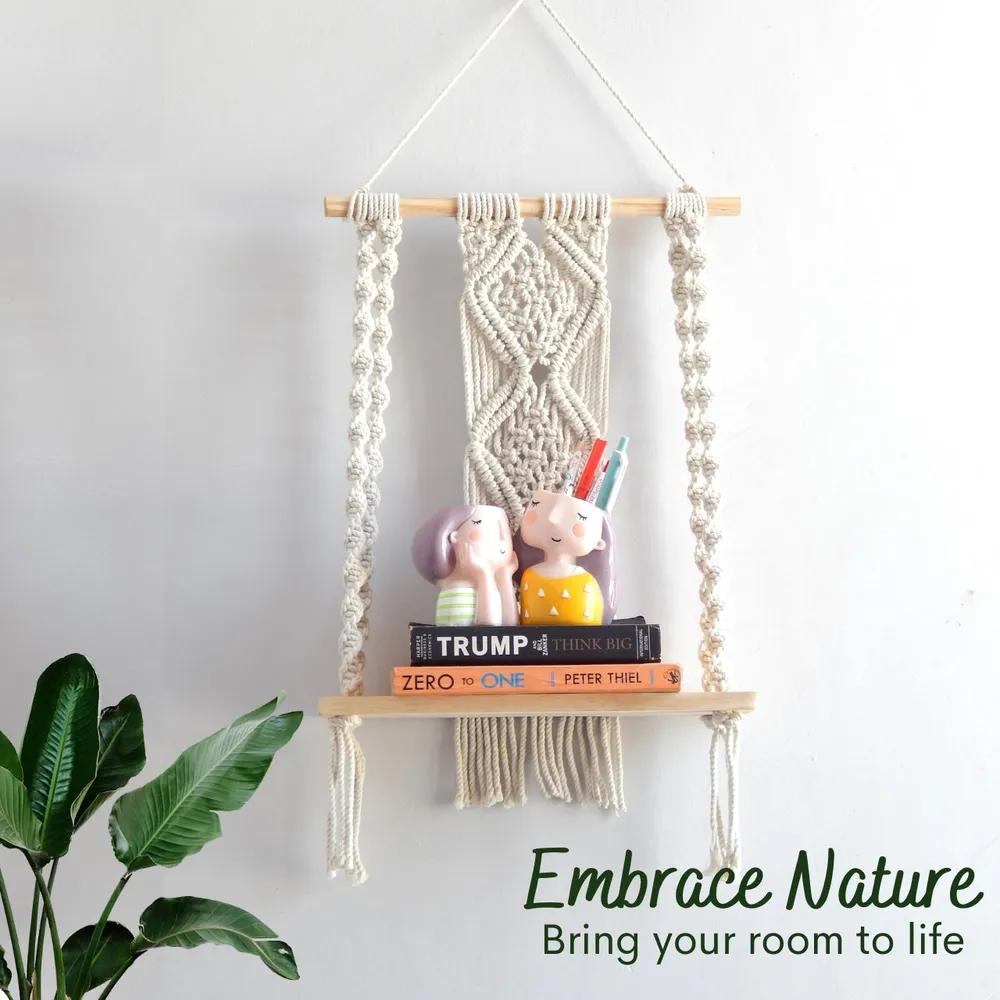 100% Cotton Sturdy Off-white Macrame Wall Hanging Shelf