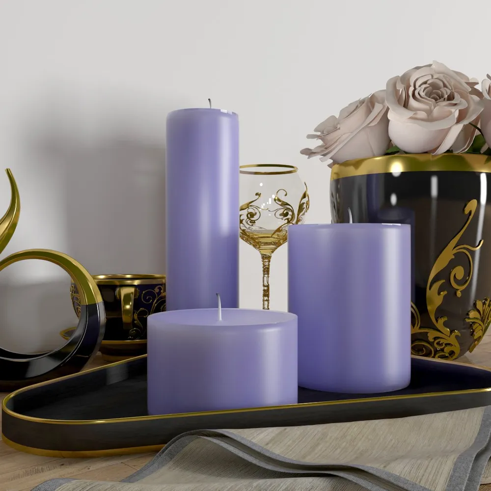 100% Organic Lavender Aroma Purple Pillar Candles- Set Of 3