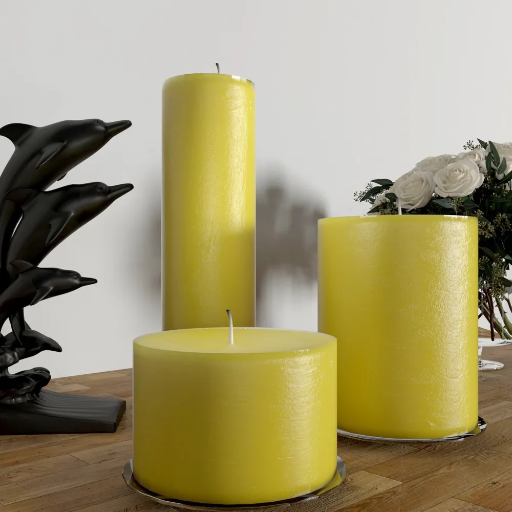 100% Organic Lemon Aroma Yellow Pillar Candles- Set Of 3