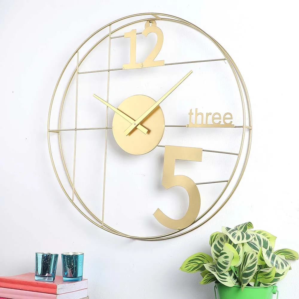 12-Three-5 Elegant Golden Decorative Metal Wall Clock