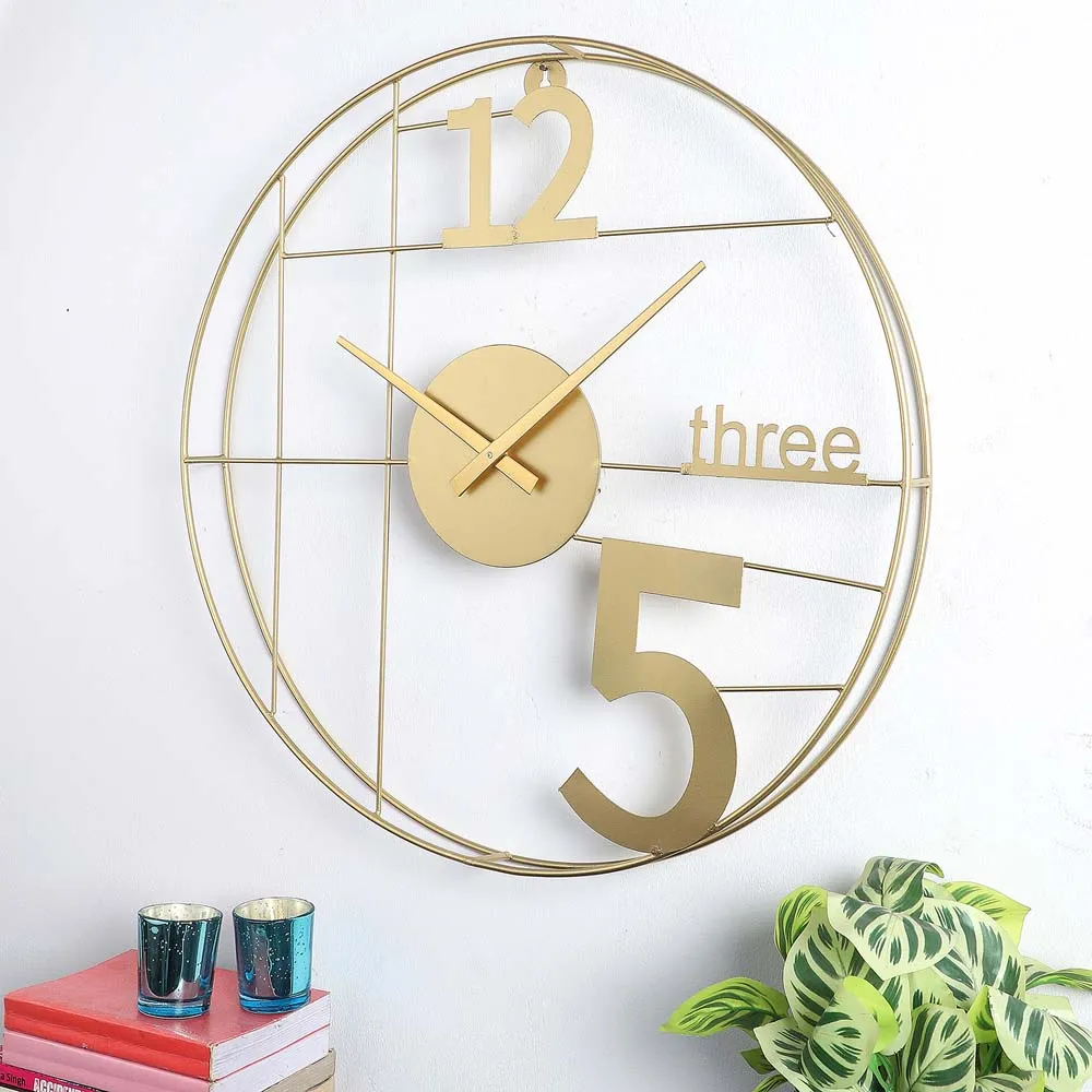 12-Three-5 Elegant Golden Decorative Metal Wall Clock