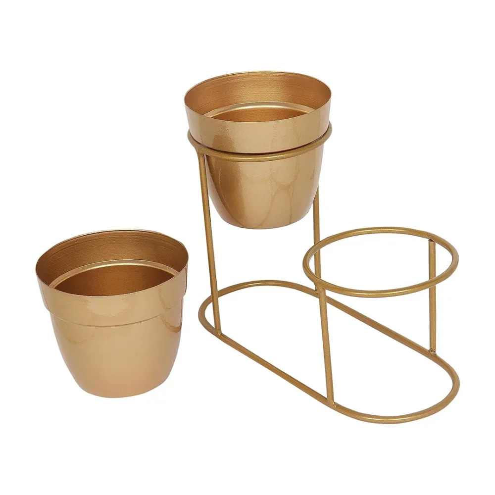 2 Planter Set With Resilient Metal Stand Golden