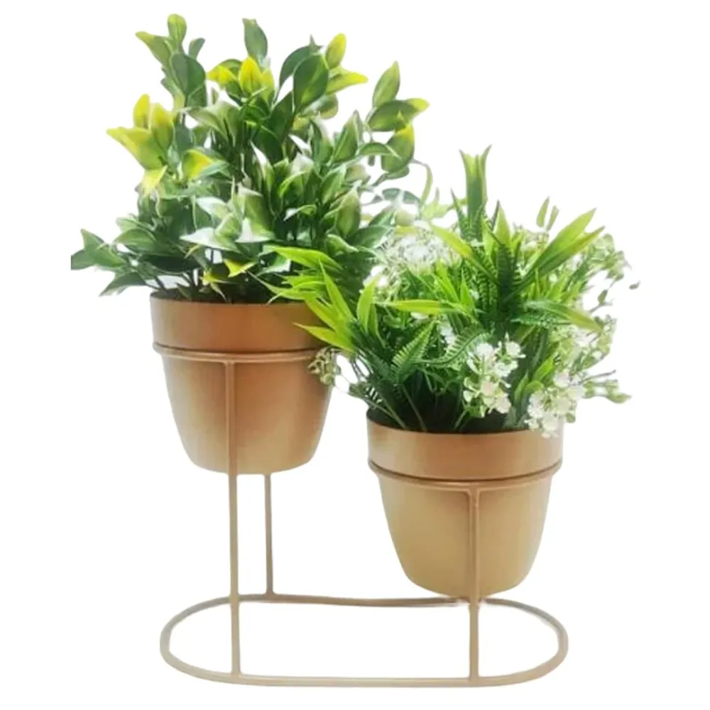 2 Planter Set With Resilient Metal Stand Golden