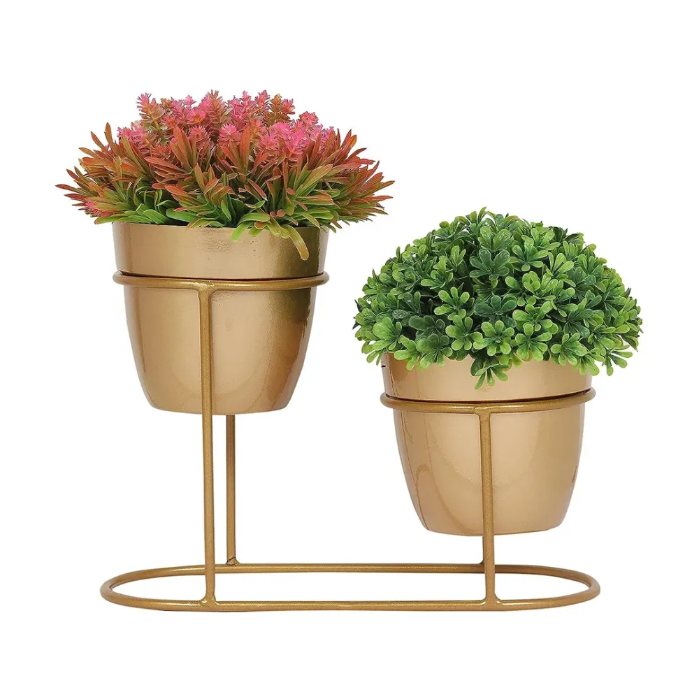 2 Planter Set With Resilient Metal Stand Golden