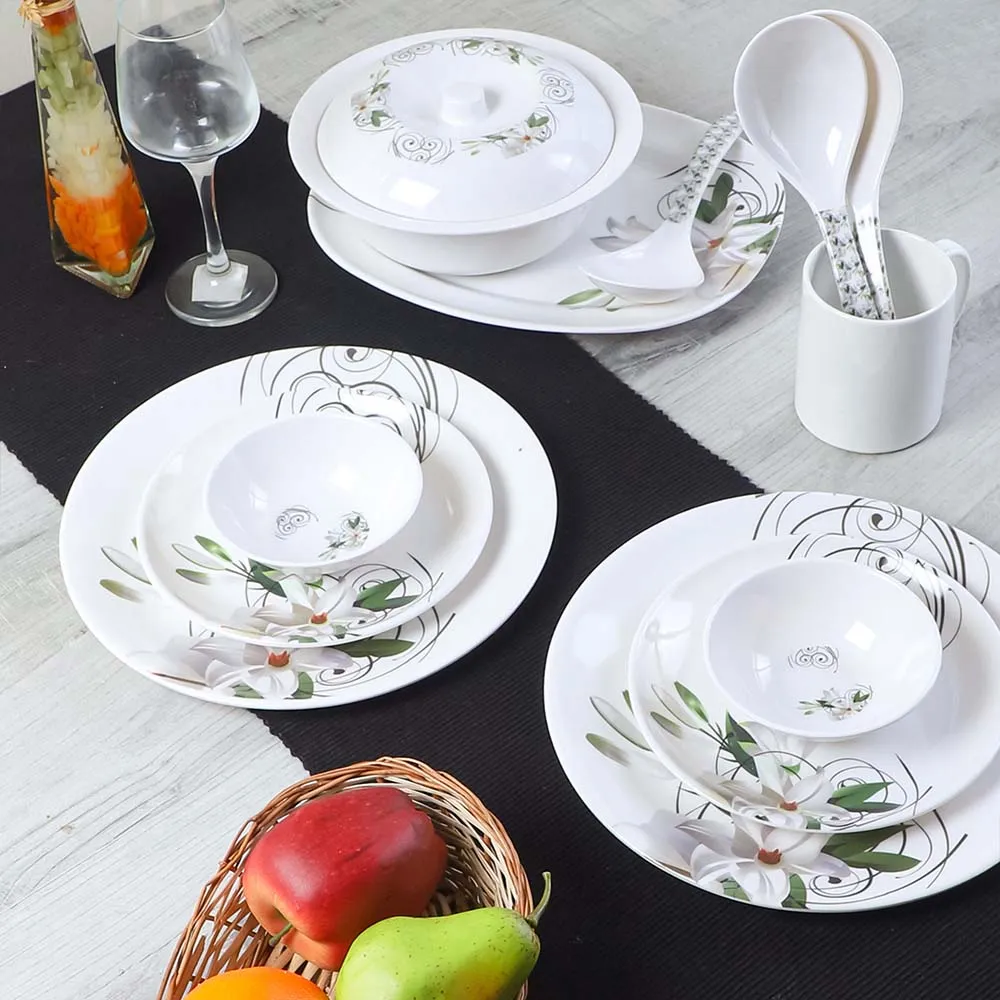 33 Pieces Classic White & Green Flower Motif Printed High-quality Melamine Glossy Dinner Set