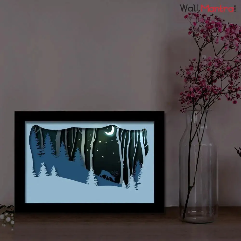 3D Deer in forest Frame With LED Lights/ Ready to hang/ Table Top Frame