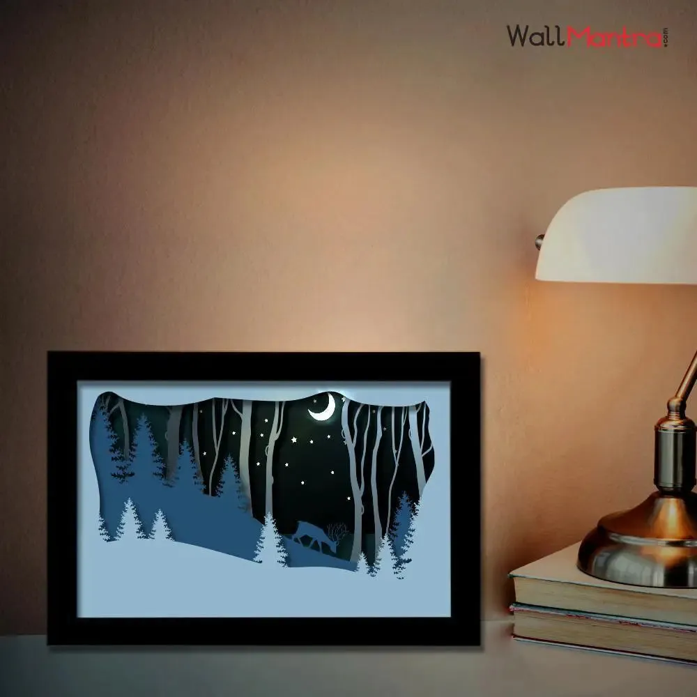 3D Deer in forest Frame With LED Lights/ Ready to hang/ Table Top Frame