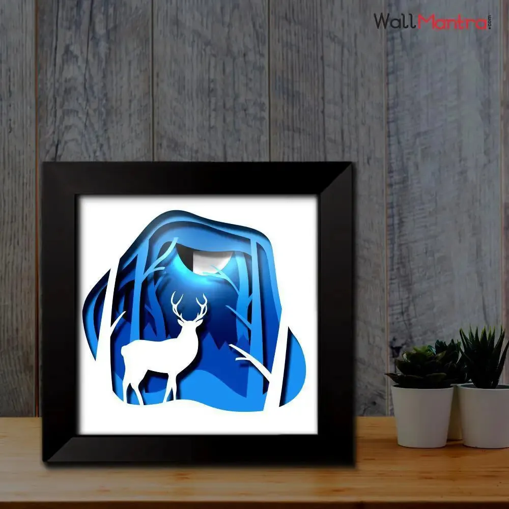 3D Deer in Jungle Frame With LED Lights/ Ready to hang/ Table Top Frame
