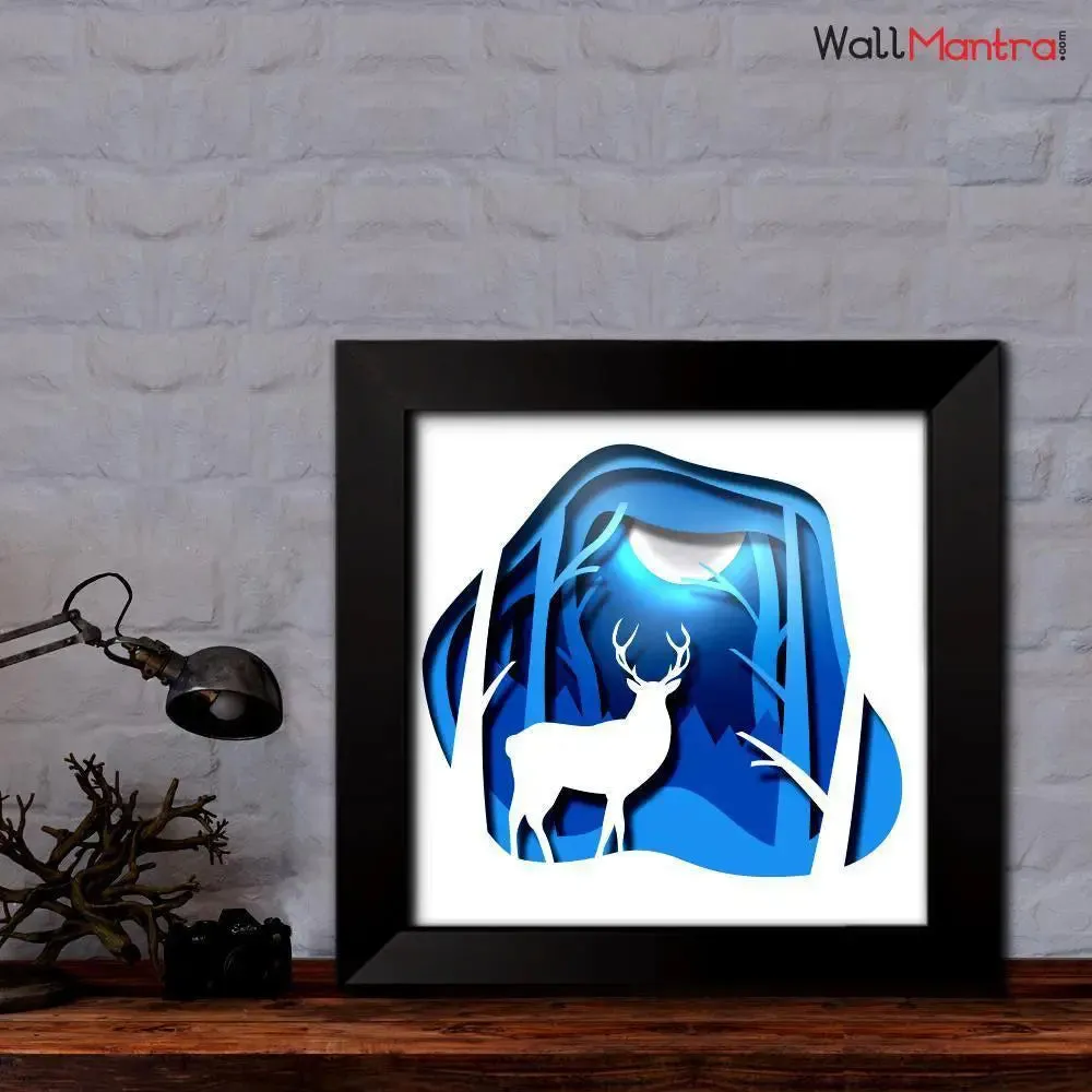 3D Deer in Jungle Frame With LED Lights/ Ready to hang/ Table Top Frame