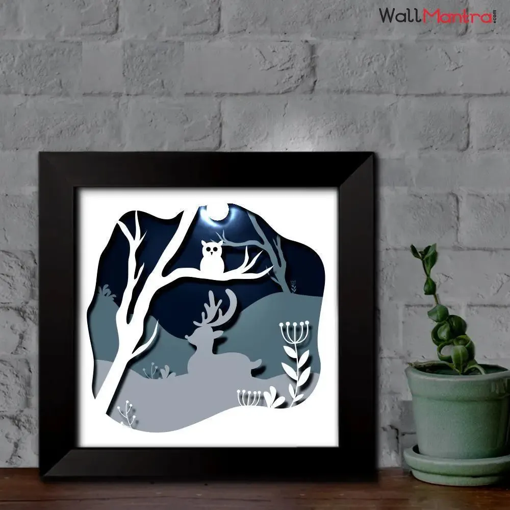 3D Owl in Jungle Frame With LED Lights/ Ready to hang/ Table Top Frame