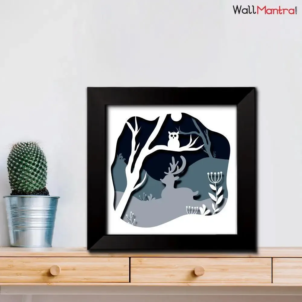 3D Owl in Jungle Frame With LED Lights/ Ready to hang/ Table Top Frame