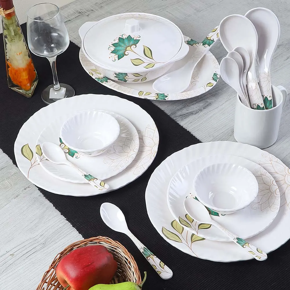 40 Pieces Aesthetic White & Green Floral Printed High-quality Melamine Glossy Dinner Set
