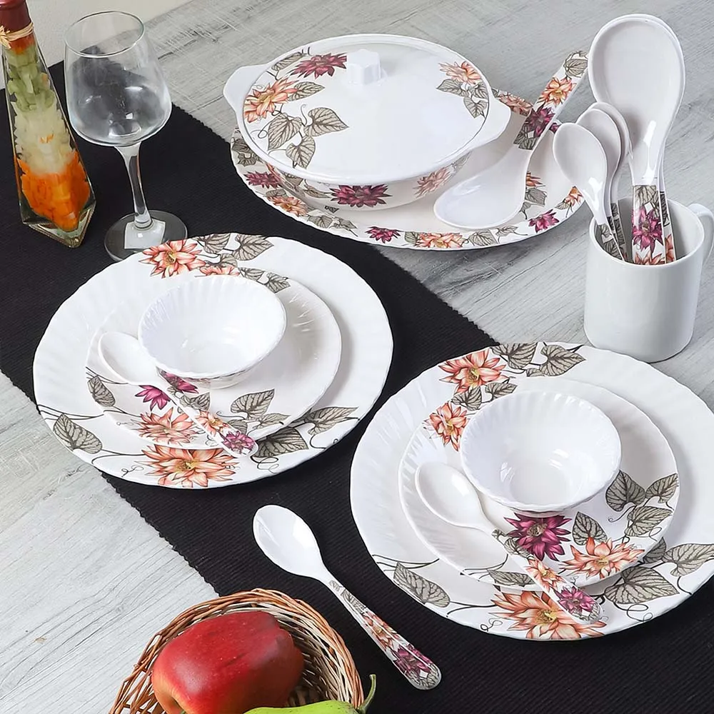 40 Pieces Beautiful Dahlia Flower Motif Printed Premium Melamine Glossy Dinner Set