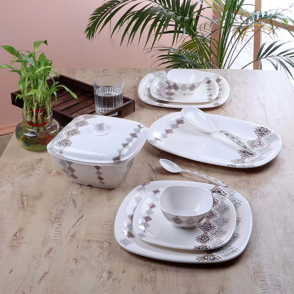 40 Pieces Classic Square Floral Printed White & Red High-quality Melamine Glossy Dinner Set