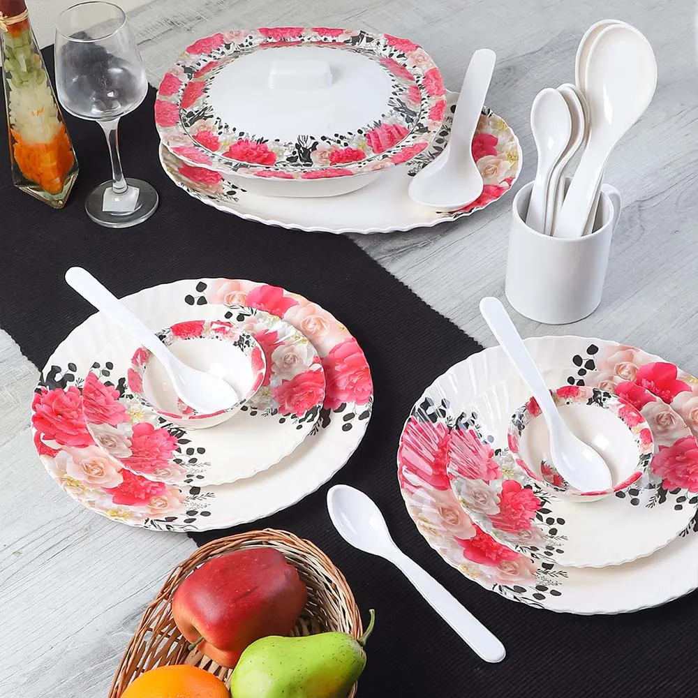 40 Pieces Designer Pink Peony Floral Printed Premium Melamine Glossy Dinner Set