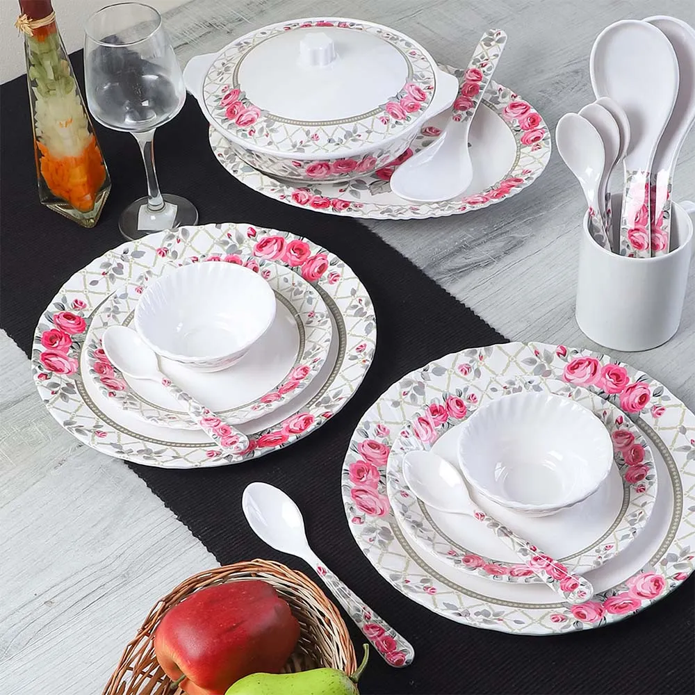 40 Pieces Elegant Floral Printed White & Pink Premium Melamine Glossy Dinner Set