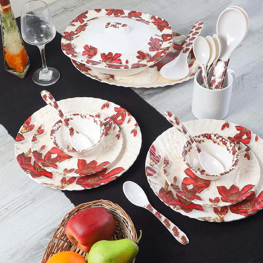 40 Pieces Glossy Finish Lily Flower Printed White & Red Premium Melamine Dinner Set
