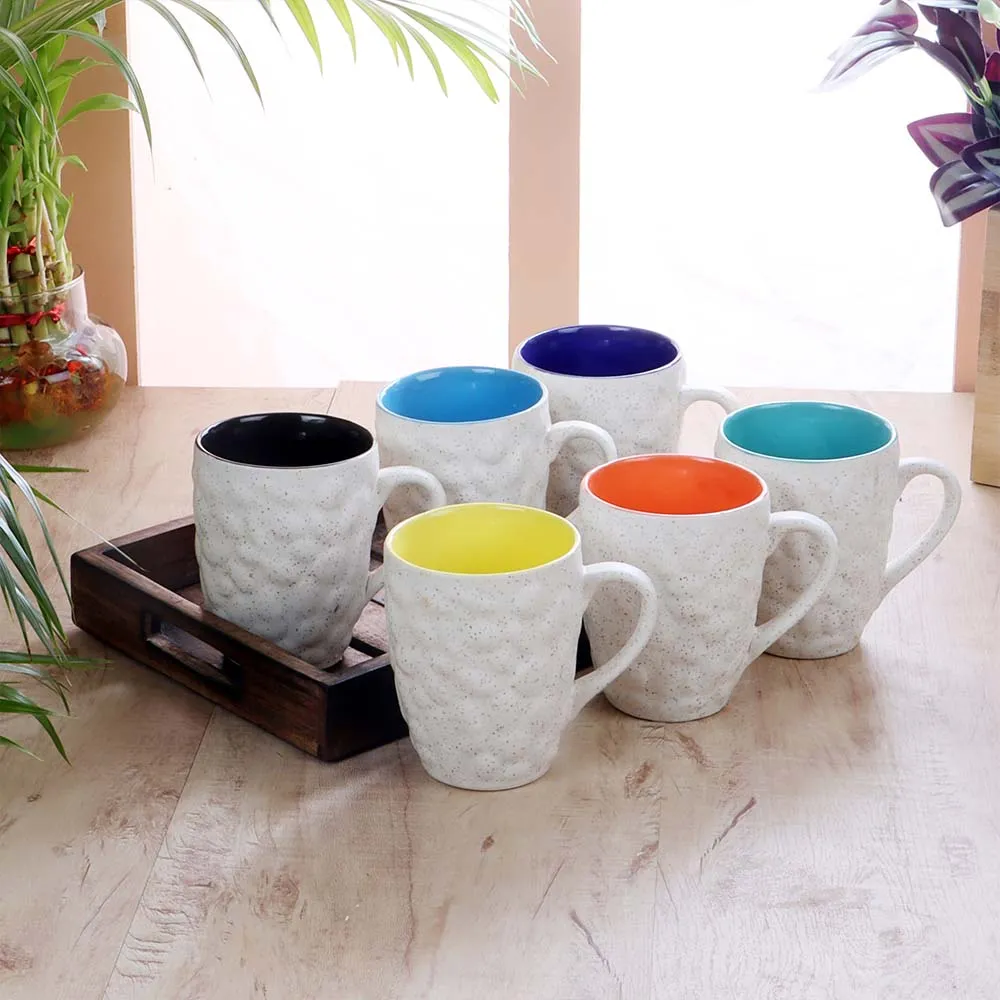 6 Pieces Textured Multicolour Superior-quality Ceramic Glossy Cup Set Without Tray