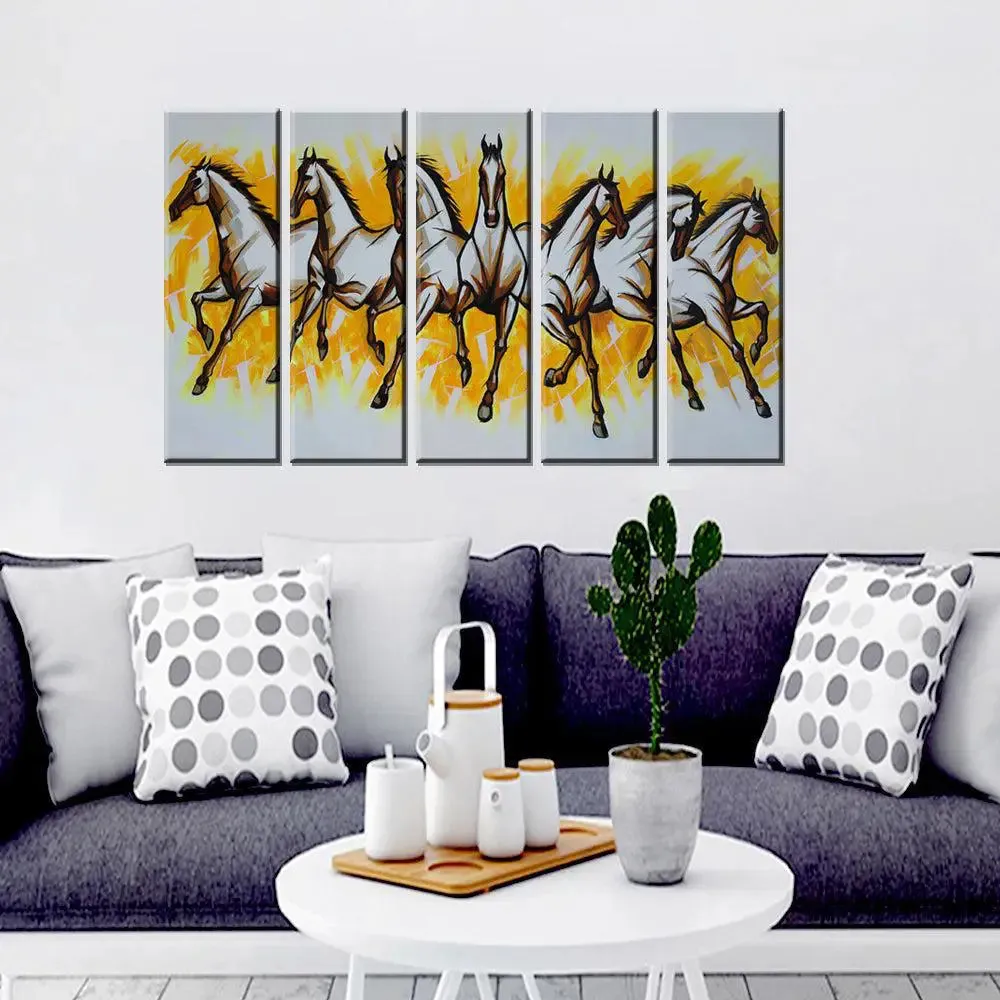 7 White Horses Wall Painting On Canvas in Multiple Frames Set