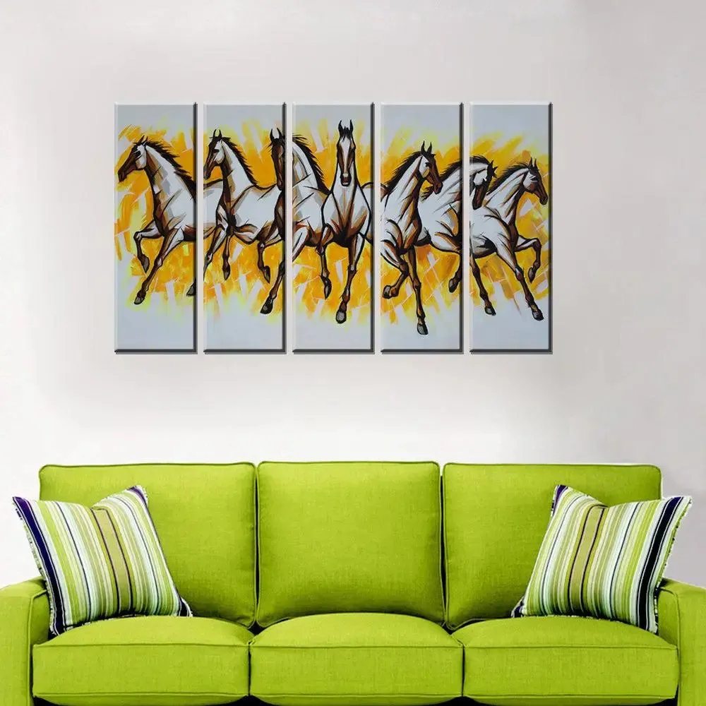 7 White Horses Wall Painting On Canvas in Multiple Frames Set