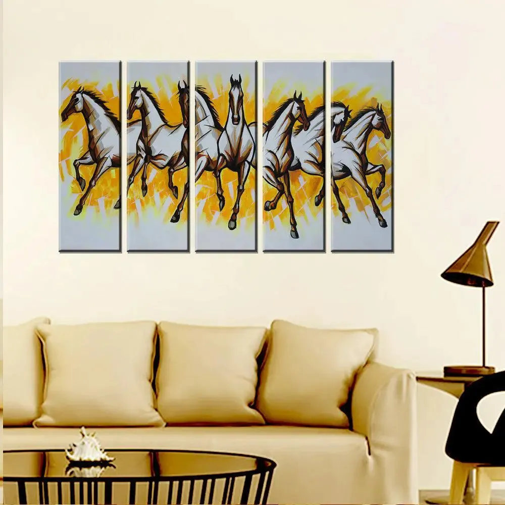 7 White Horses Wall Painting On Canvas in Multiple Frames Set