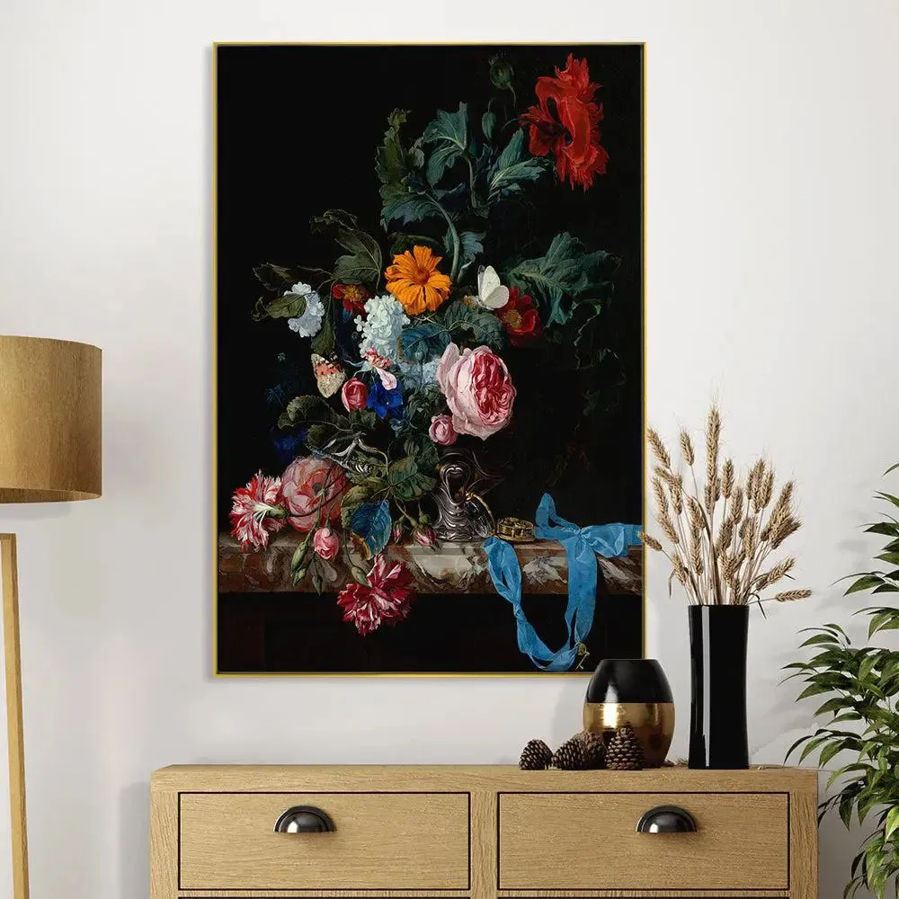 A Beautiful Still Life Art Canvas Painting of Flowers &amp; Fruits With Frame