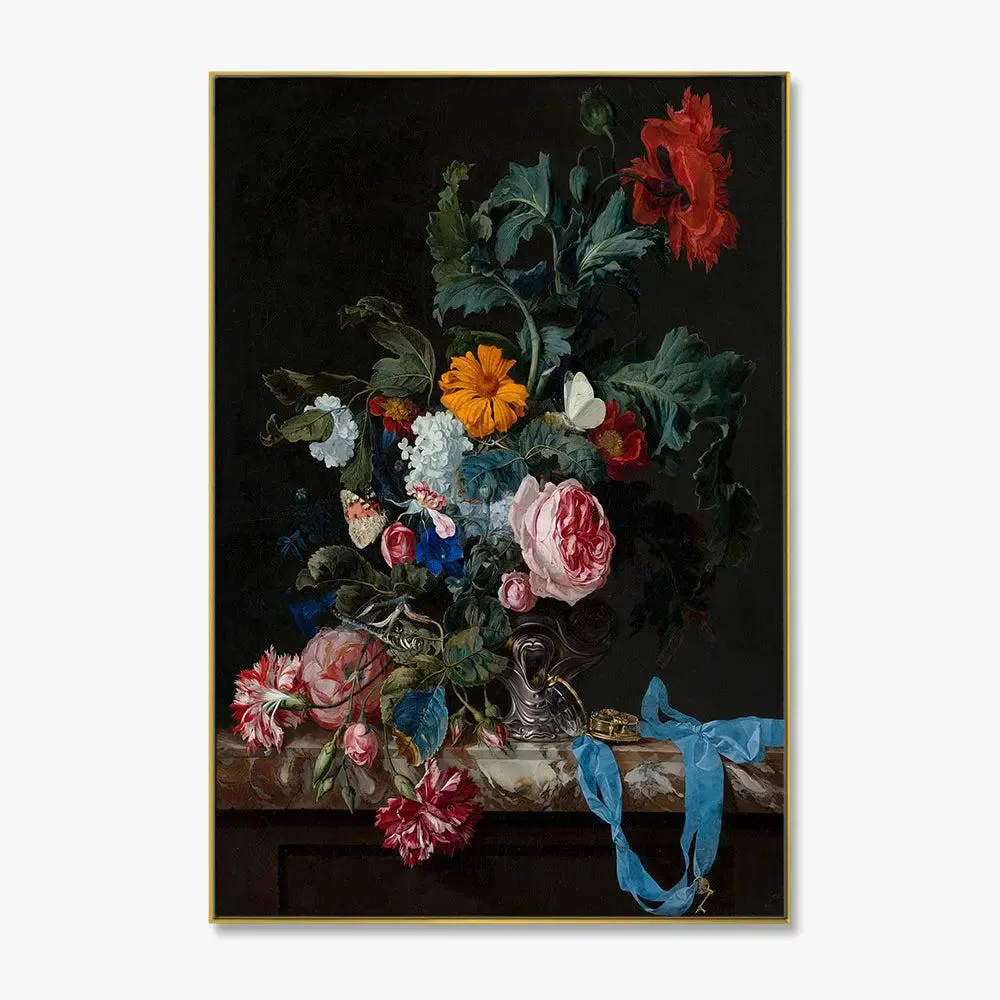A Beautiful Still Life Art Canvas Painting of Flowers &amp; Fruits With Frame