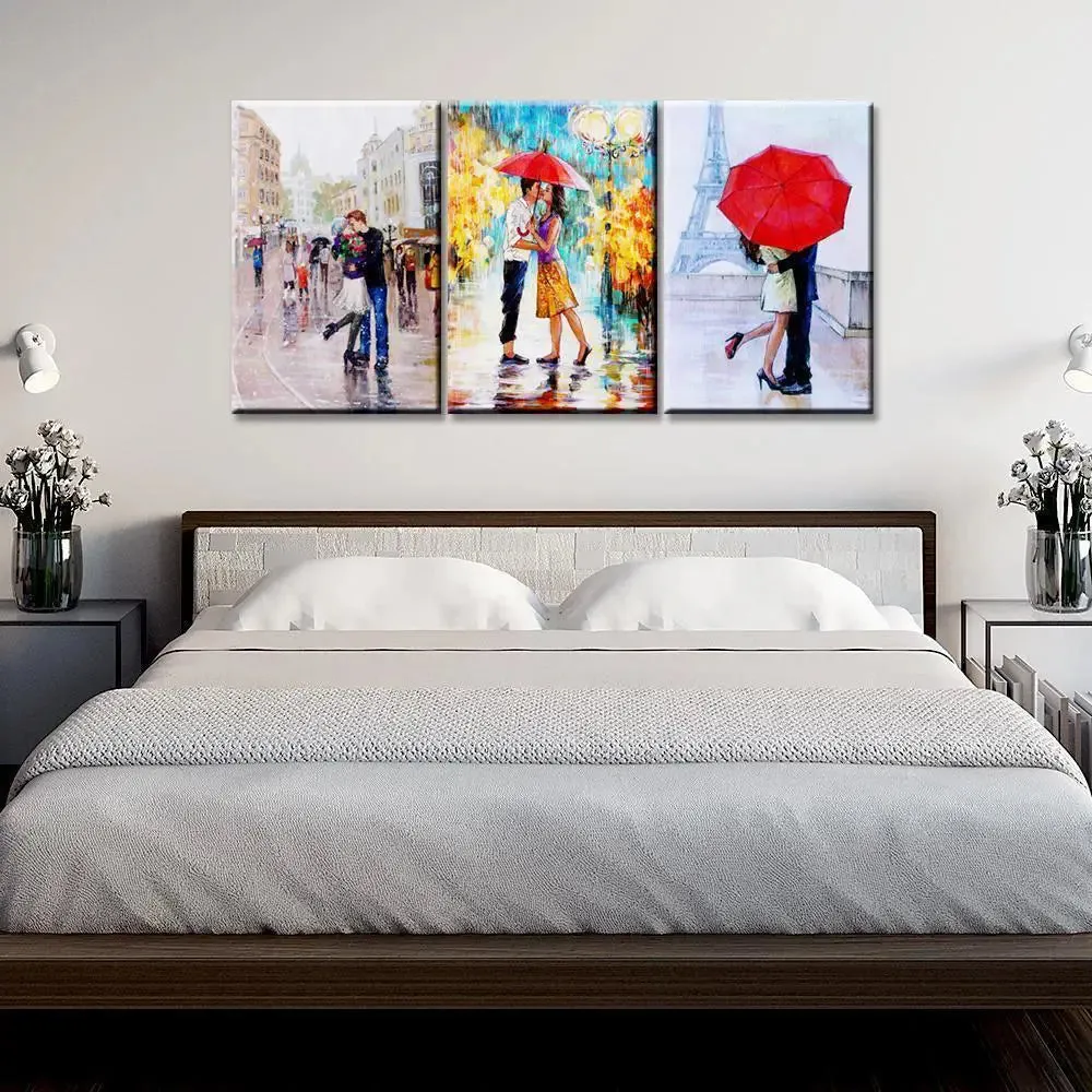 A Pair of lovers under an umbrella, Eiffel Tower, Paris,3 Pieces Canvas Printed Painting