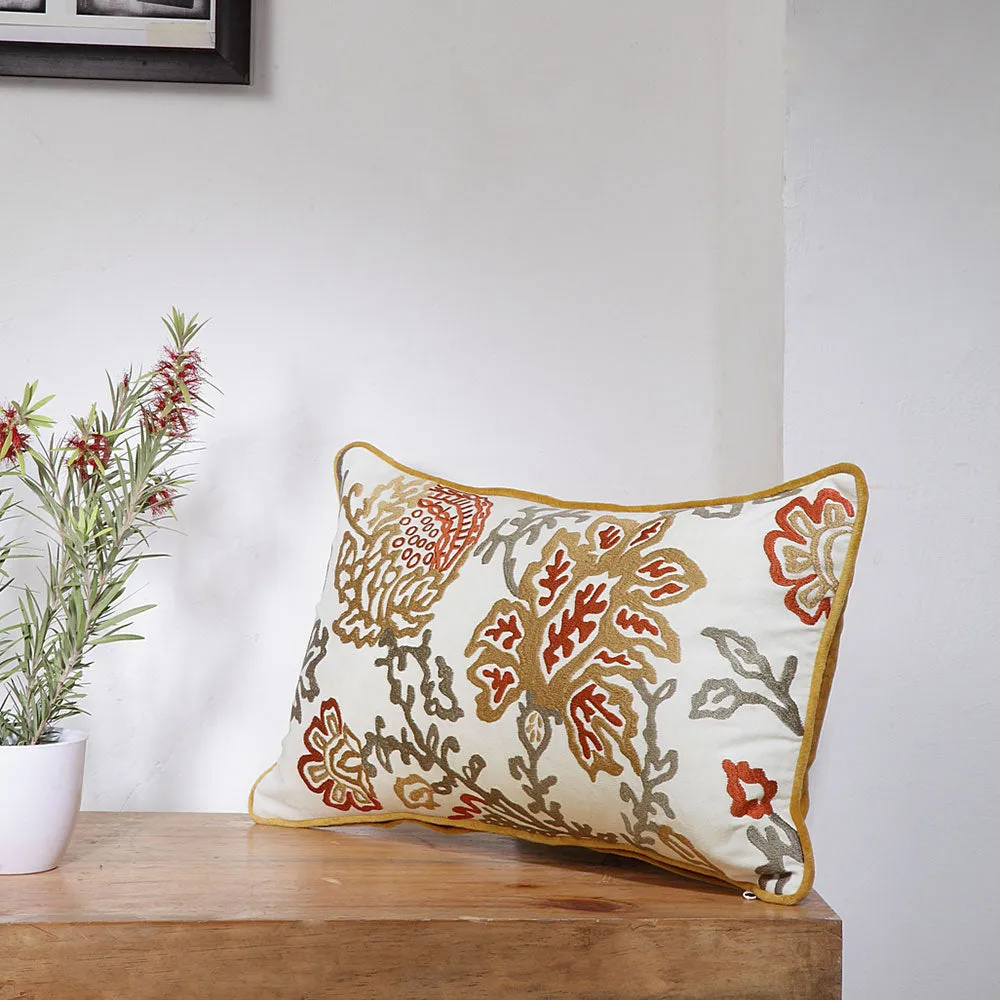 Aari Embroidered White Base Rectangle 100% Cotton Cushion Cover Pack of 1