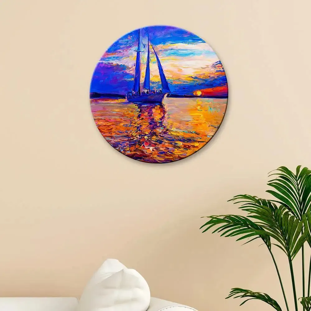 Abstract Art Ship in Sea Round Shape Canvas wall Painting