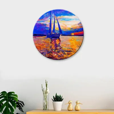 Abstract Art Ship in Sea Round Shape Canvas wall Painting