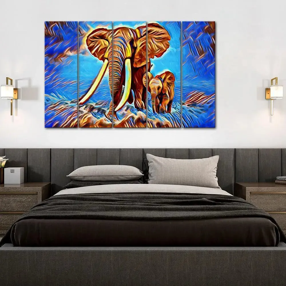 Abstract Baby Elephant With His Mother Canvas Wall Painting