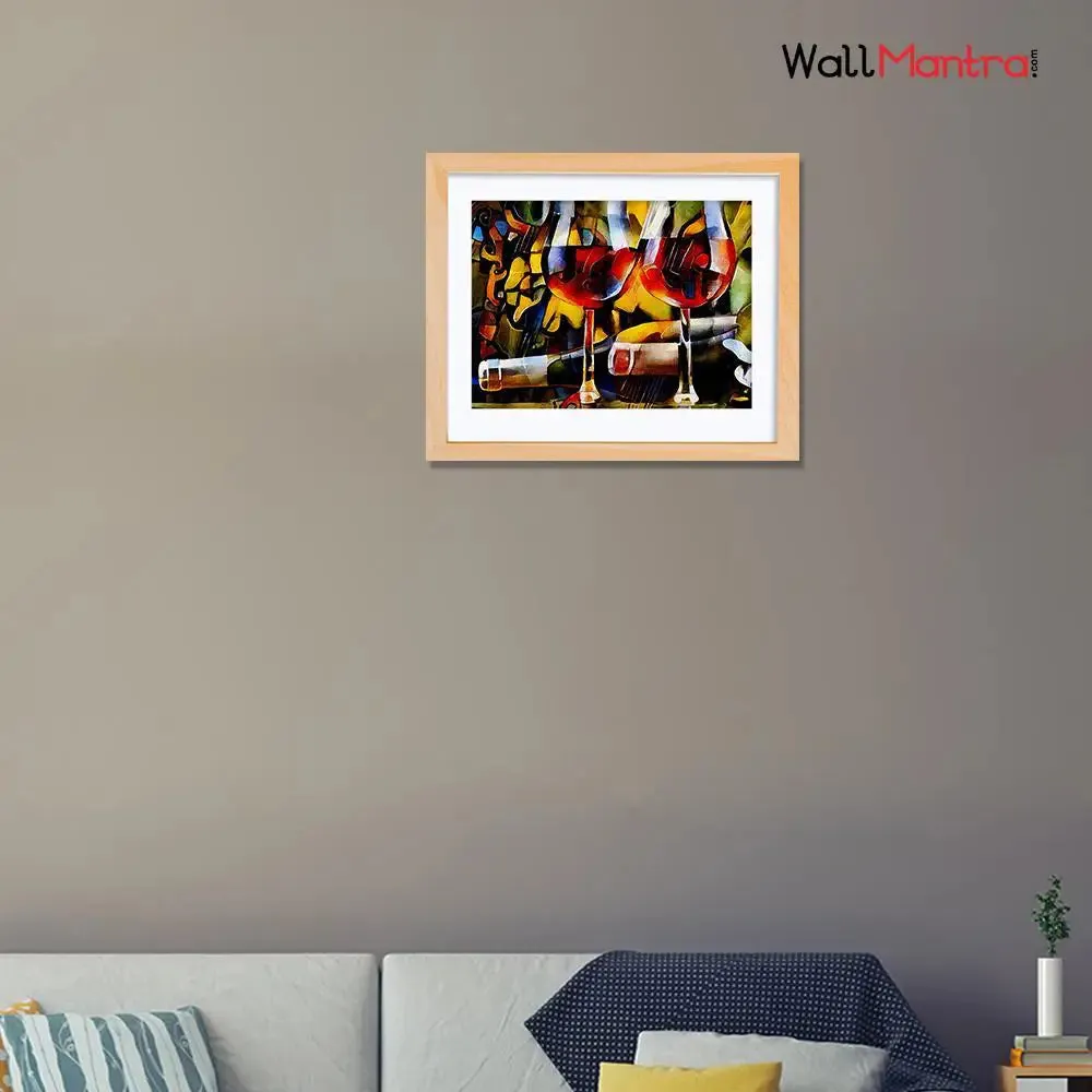 Abstract Design Wine Glasses Wall Painting &amp; Art With Wooden Framed