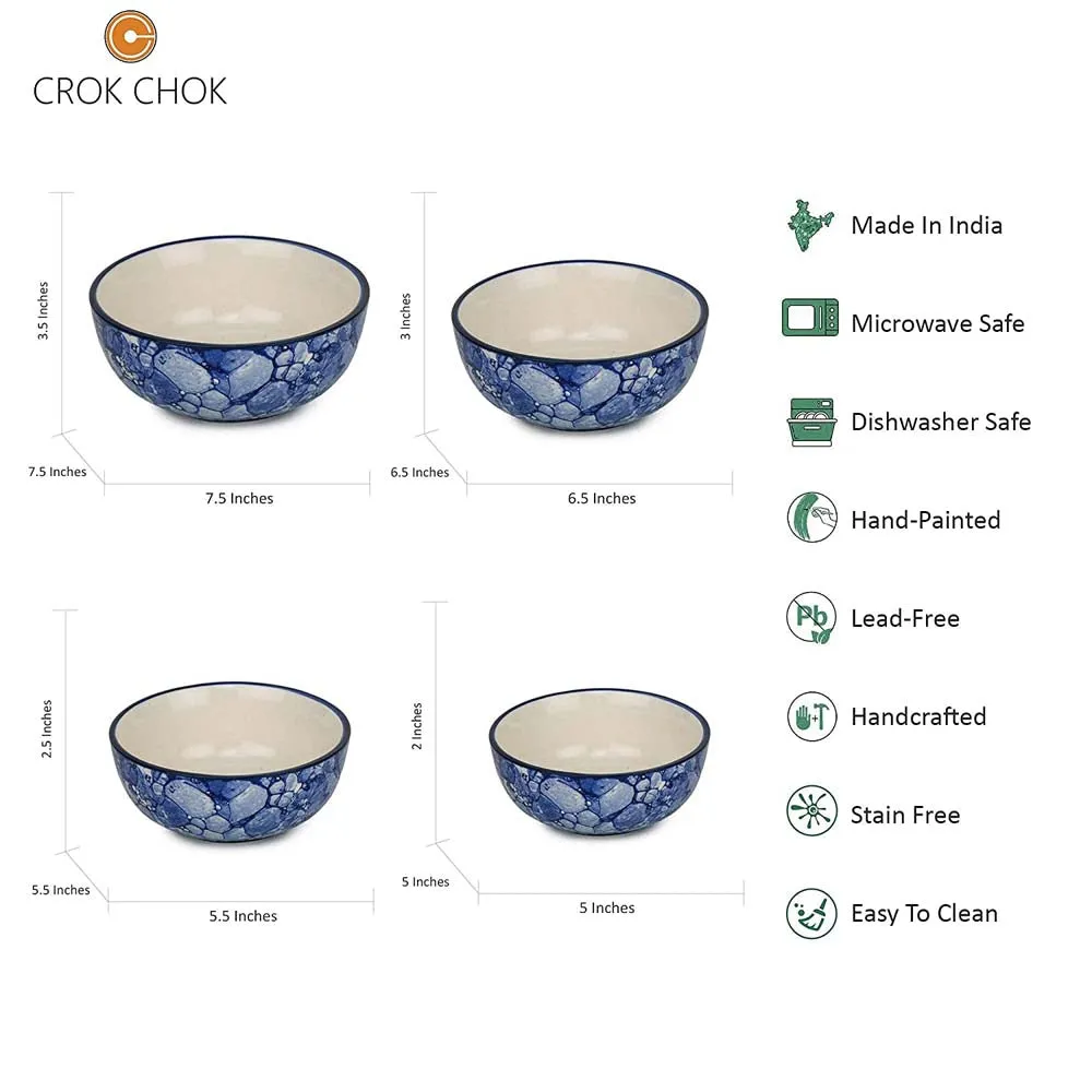 Abstract Designer Blue Ceramic Bowls Set Of 4