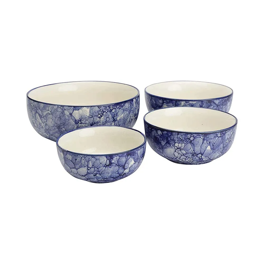 Abstract Designer Blue Ceramic Bowls Set Of 4