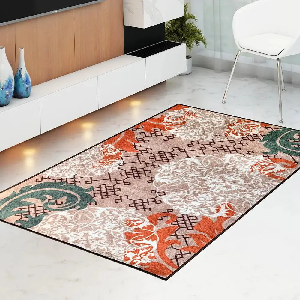 Abstract Designer Orange & Green Printed Premium Area Carpet ( 3 ft x5 ft & 4 ft x 6 ft ) 3X5 ft