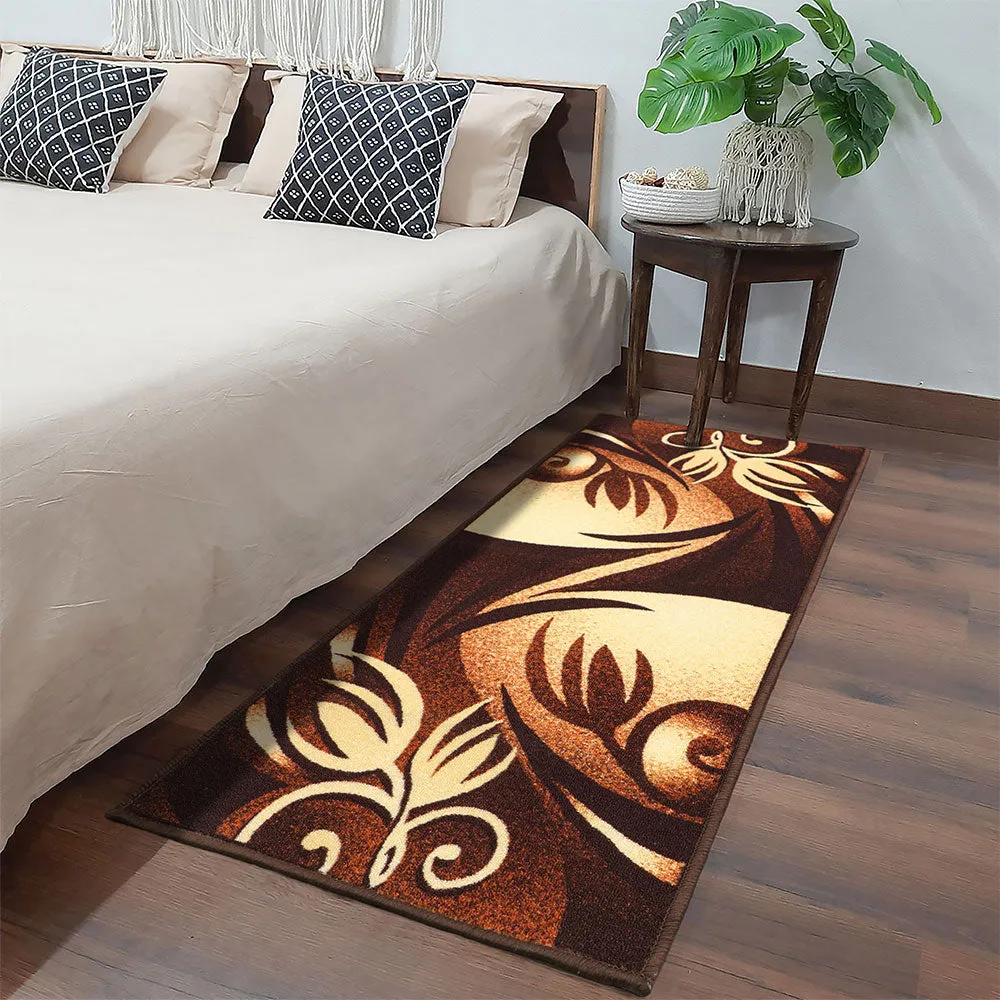Abstract Lotus Designer Cream & Brown Polyviscose Bedside Runner