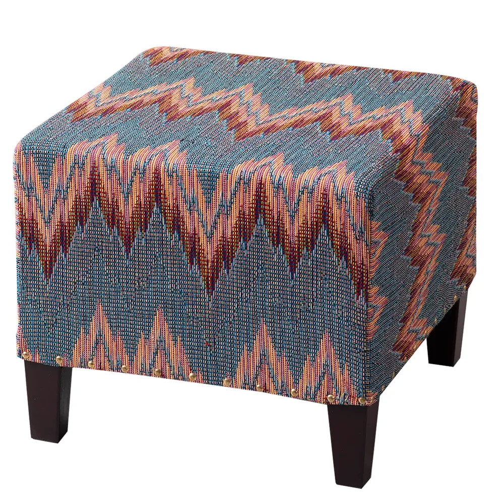 Abstract Multicolored Woven Jacquard Cotton Upholstered Ottoman Wood Stool