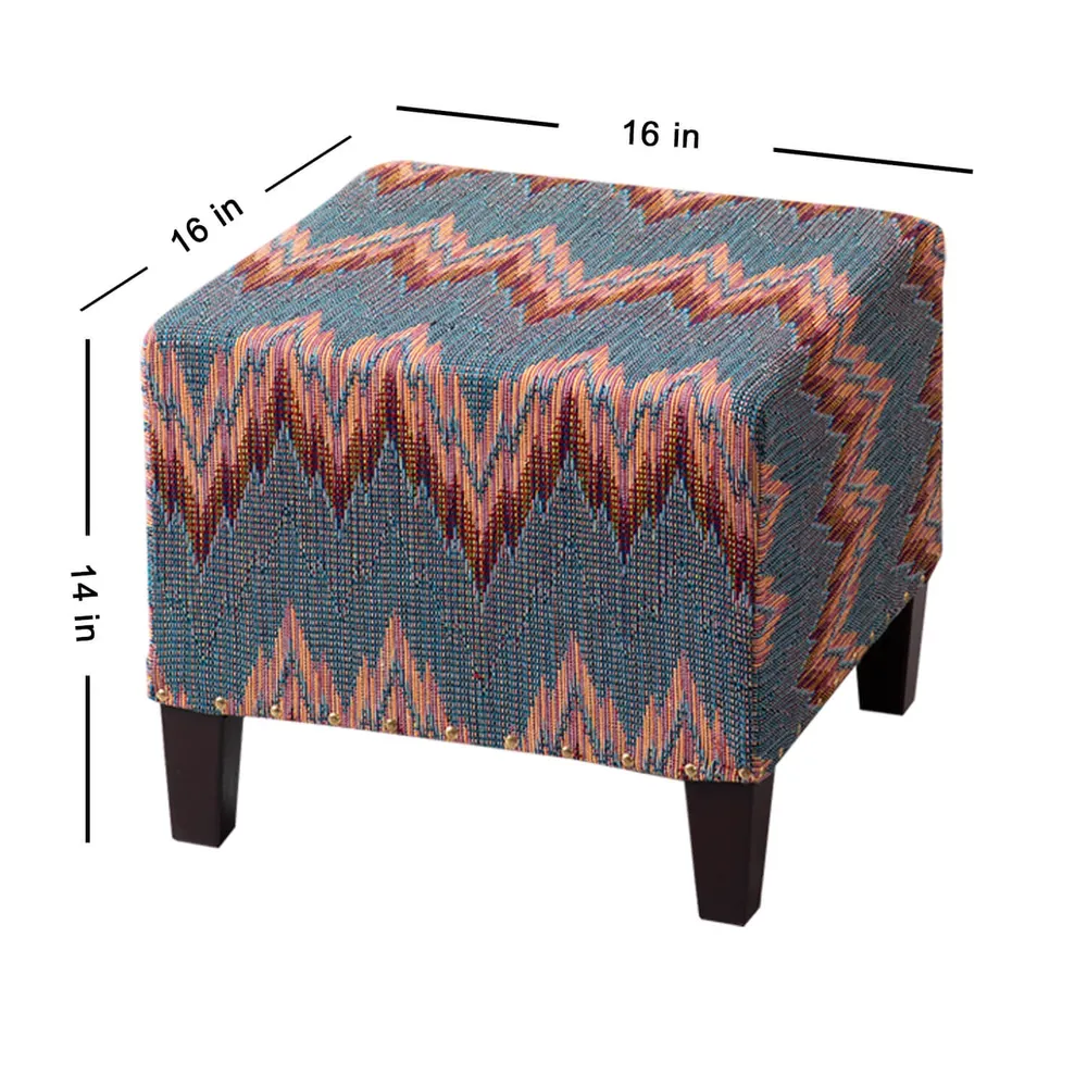 Abstract Multicolored Woven Jacquard Cotton Upholstered Ottoman Wood Stool