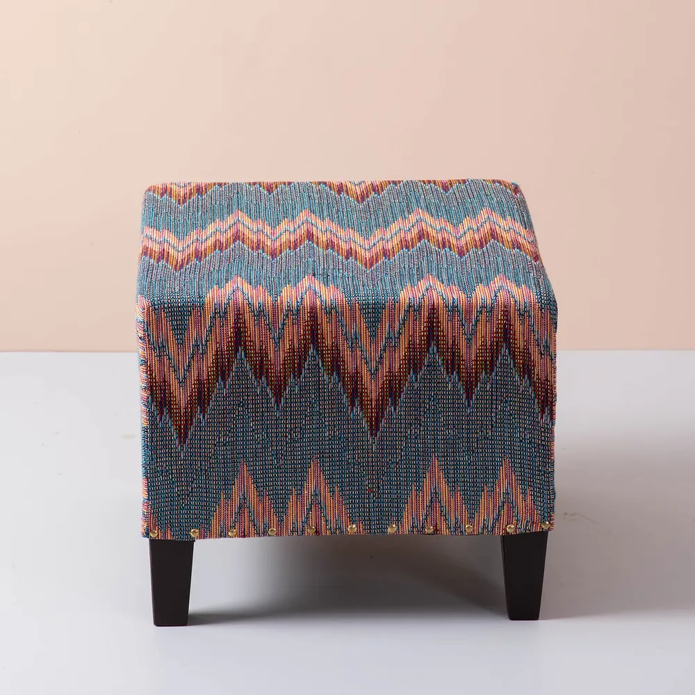 Abstract Multicolored Woven Jacquard Cotton Upholstered Ottoman Wood Stool