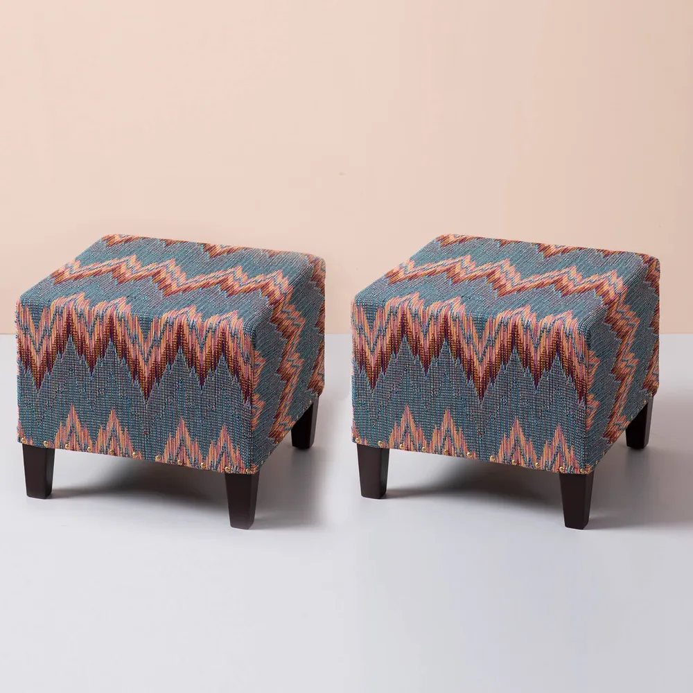 Abstract Multicolored Woven Jacquard Cotton Upholstered Ottoman Wood Stool
