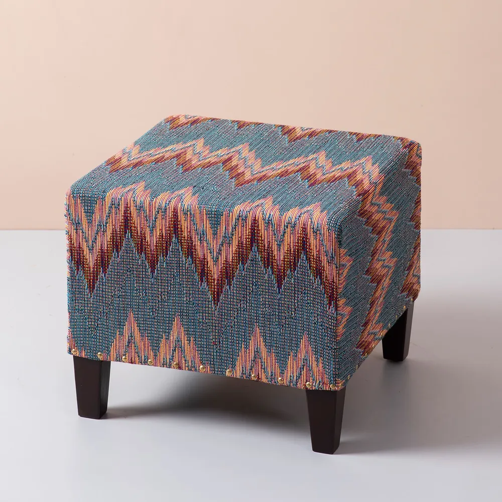 Abstract Multicolored Woven Jacquard Cotton Upholstered Ottoman Wood Stool
